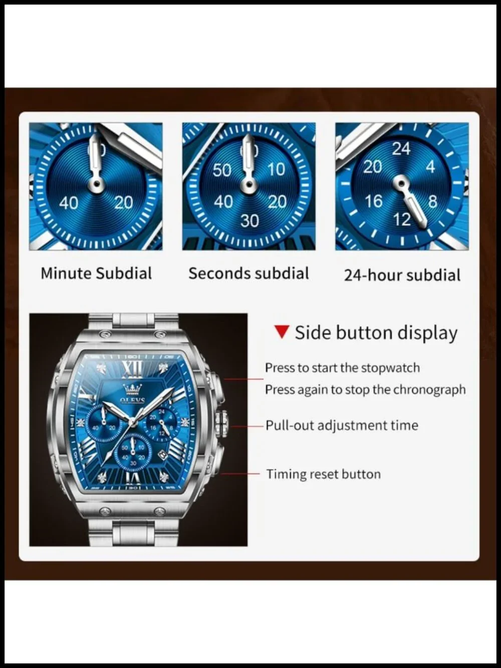 Mens Analog Chronograph Watch Square Dress Stainless Steel Waterproof Luminous
